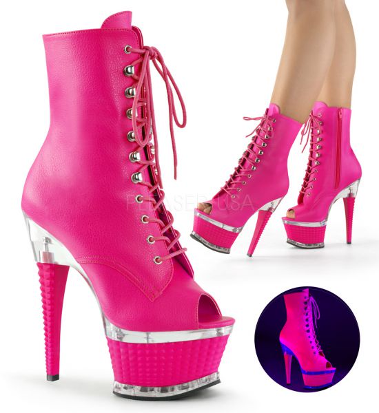 ILLUSION-1021 neon pink Zehenfreie schwarze Kunstleder Stiefelette mit Schnürung sowie auffallendem Plateau und High Heel Absatz